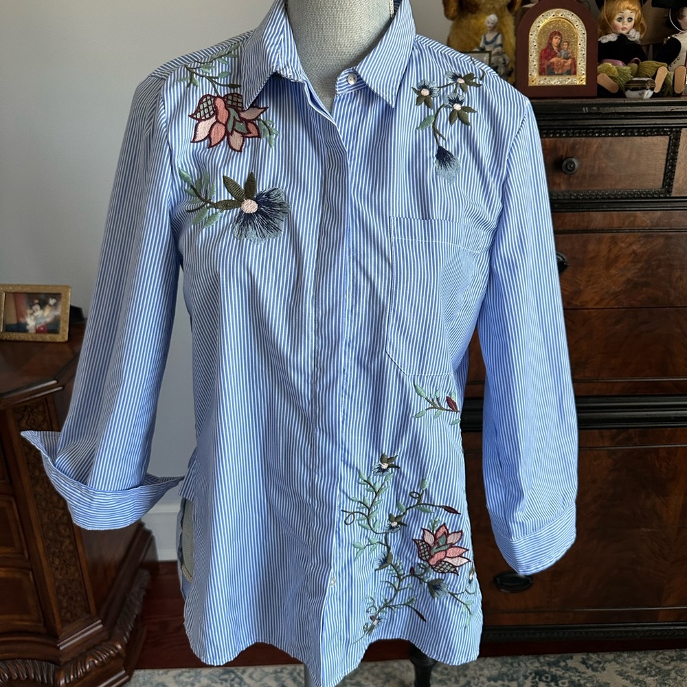 ZARA Striped Shirt with Floral Embroidery